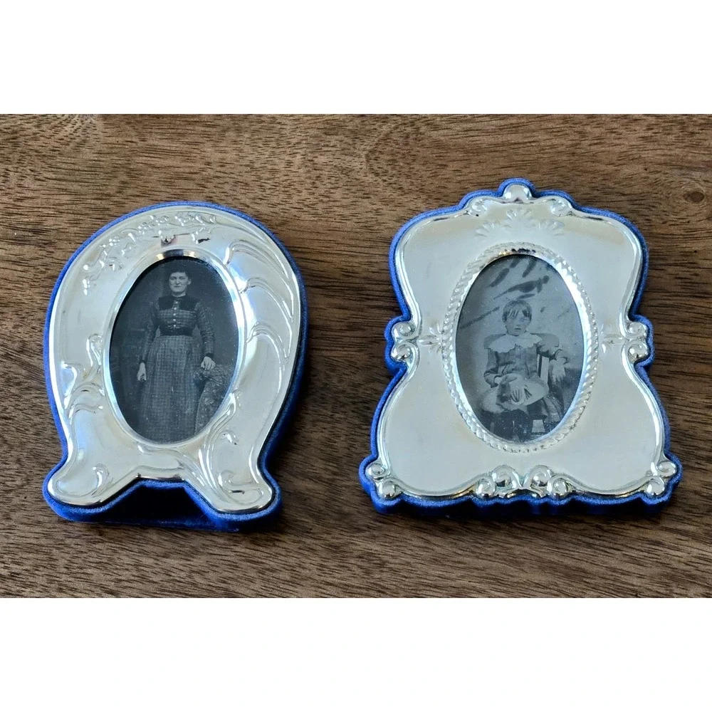 VTG Set Of 2 Silver W/Blue Velvet Backing Picture Frames Antique Prints Included